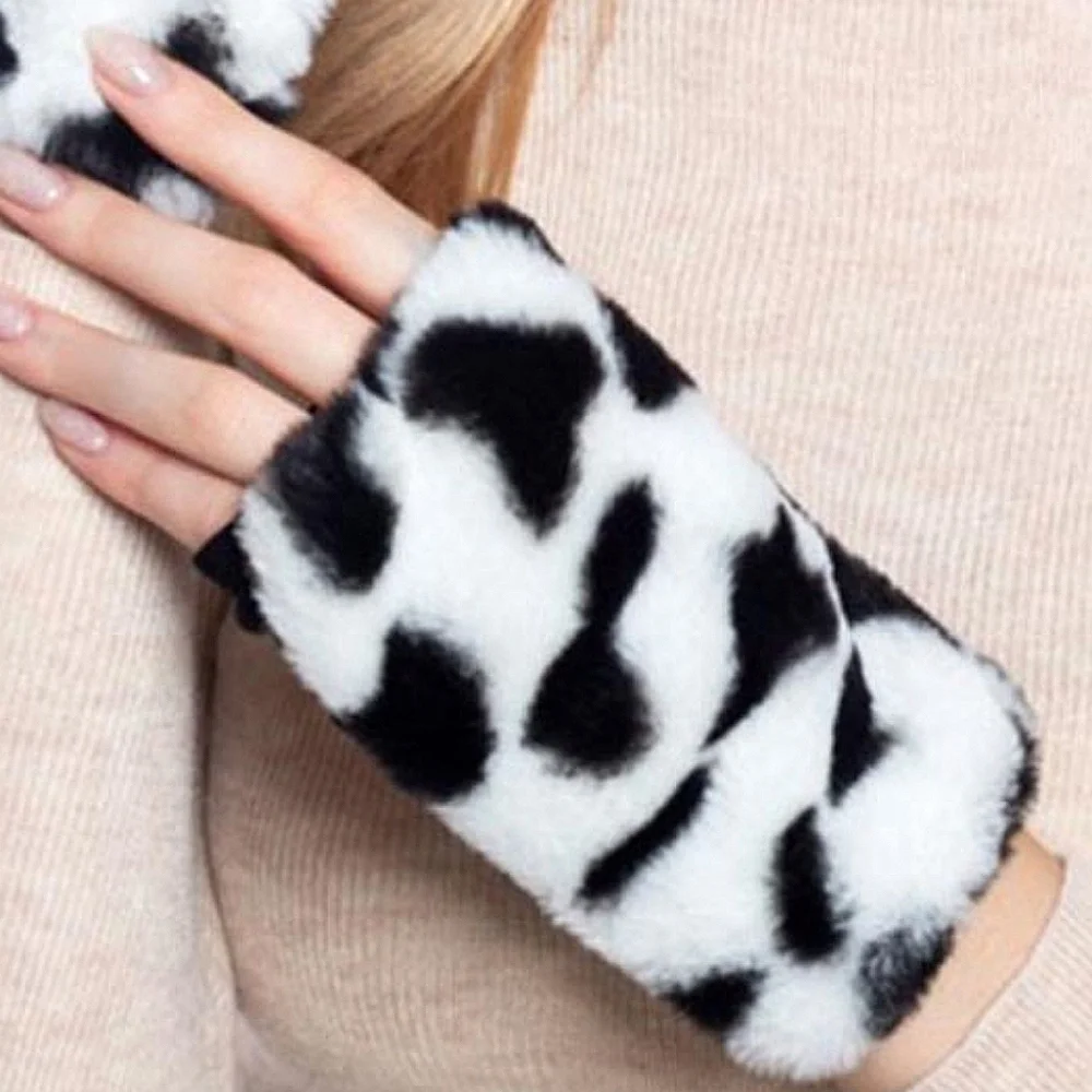 Black & White Cow Print Fingerless Fur Gloves Statement Accessories Trendy